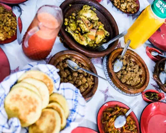 Fresh Moroccan breakfast dishes and bread