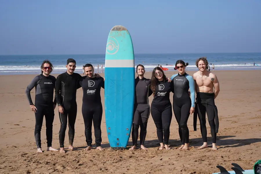 Vibe Surf Morocco guests together after a surf session